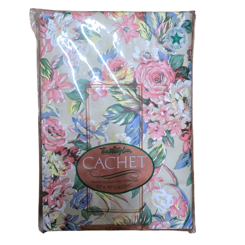 Vintage NIP Town & Country Floral Linen Cachet Vinyl Tablecloth 52x70 Oblong